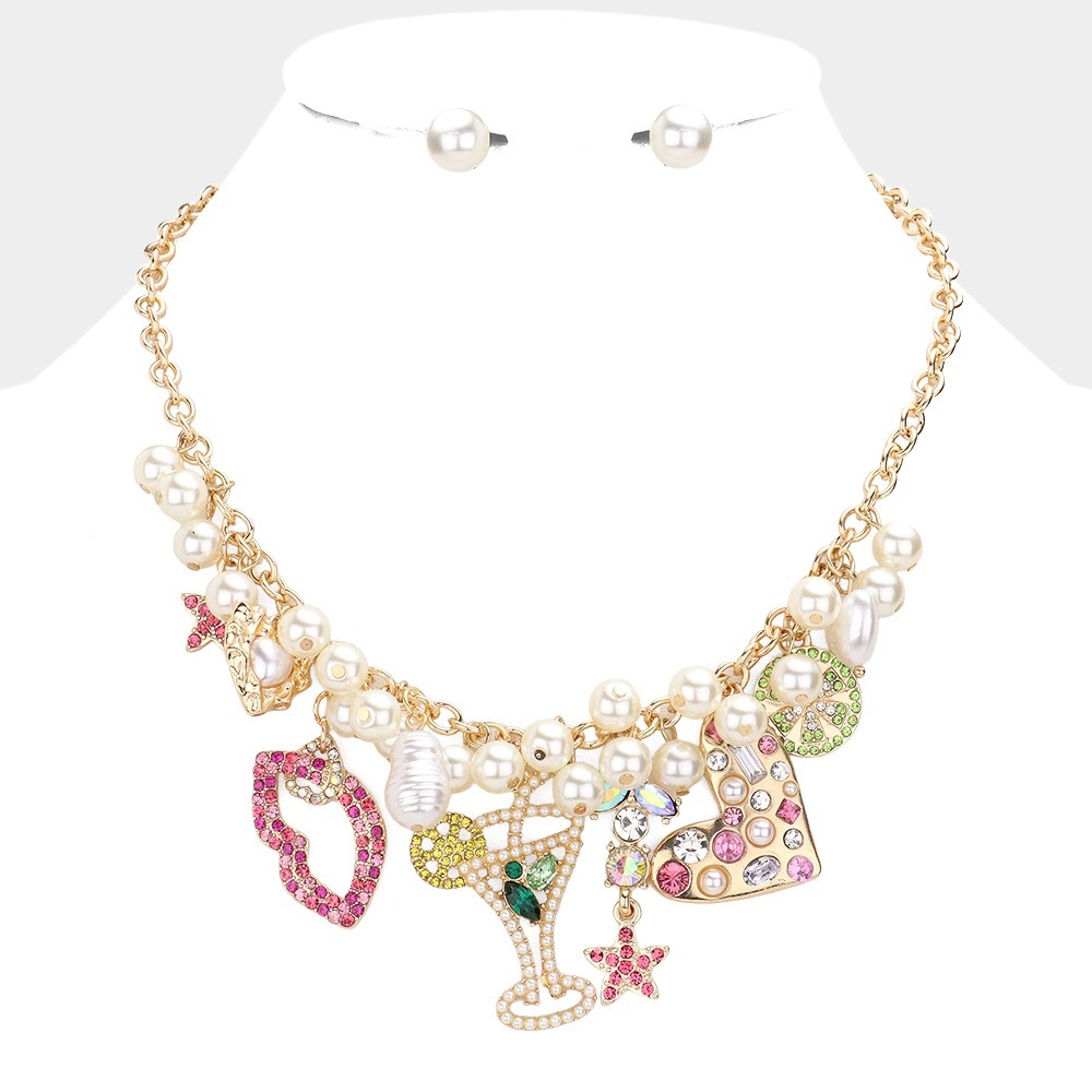 Heart pearls starfish and cocktail lime champagne pendant necklace